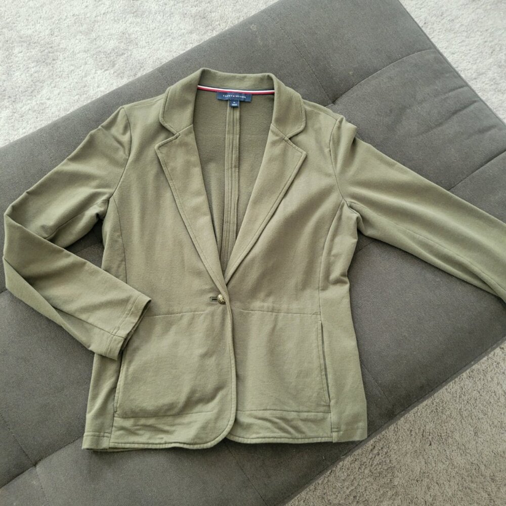 Tommy Hilfiger Blazer Jacket sz. M Olive Green Terry Jersey Casual Chic Style